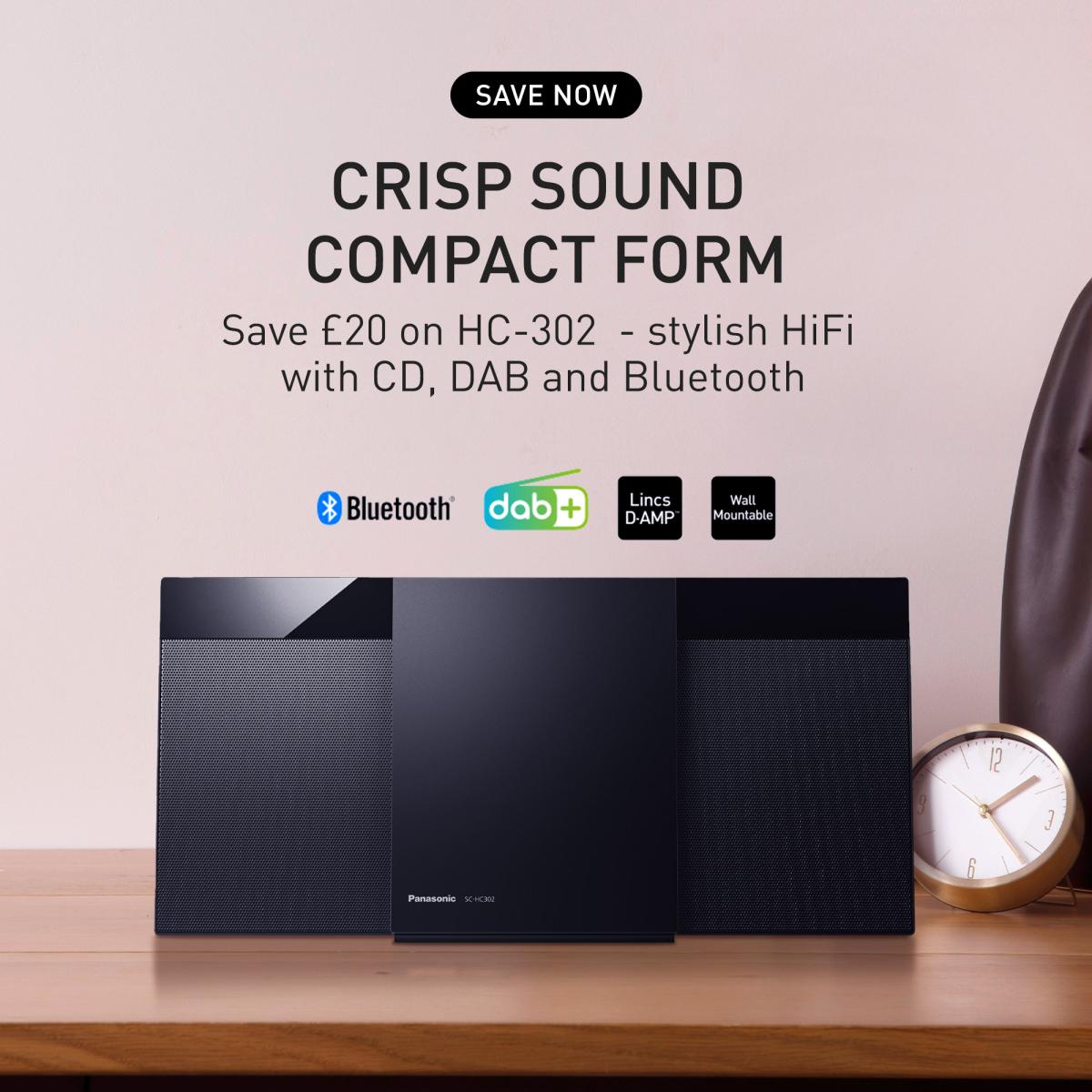 Panasonic HC302 Micro HiFi System with CD player, DAB radio and Bluetooth in sleek black design