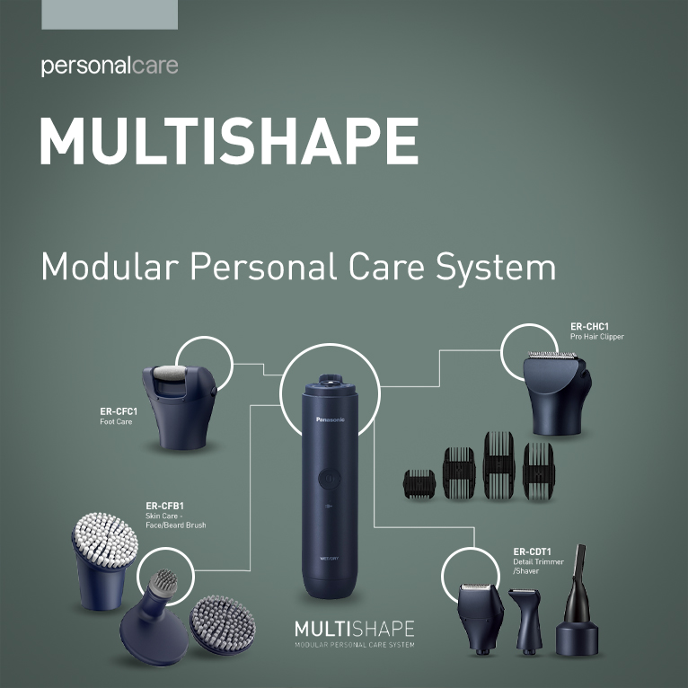 Panasonic MULTISHAPE – Customizable all-in-one grooming system with interchangeable heads for hair, beard, and oral care.