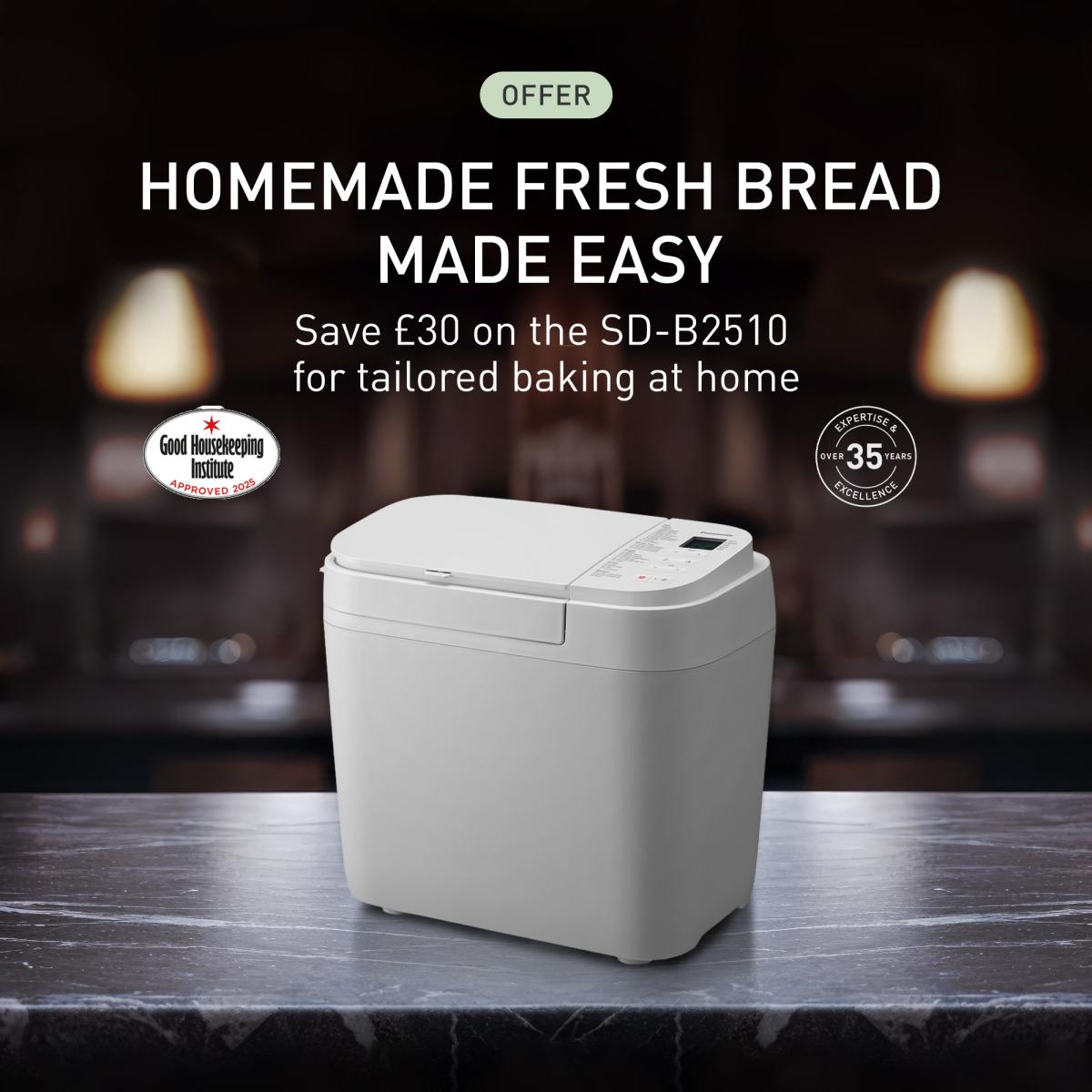 Panasonic SD-B2510 Breadmaker with sleek horizontal design and digital display, ideal for baking fresh homemade bread with 21 auto programmes