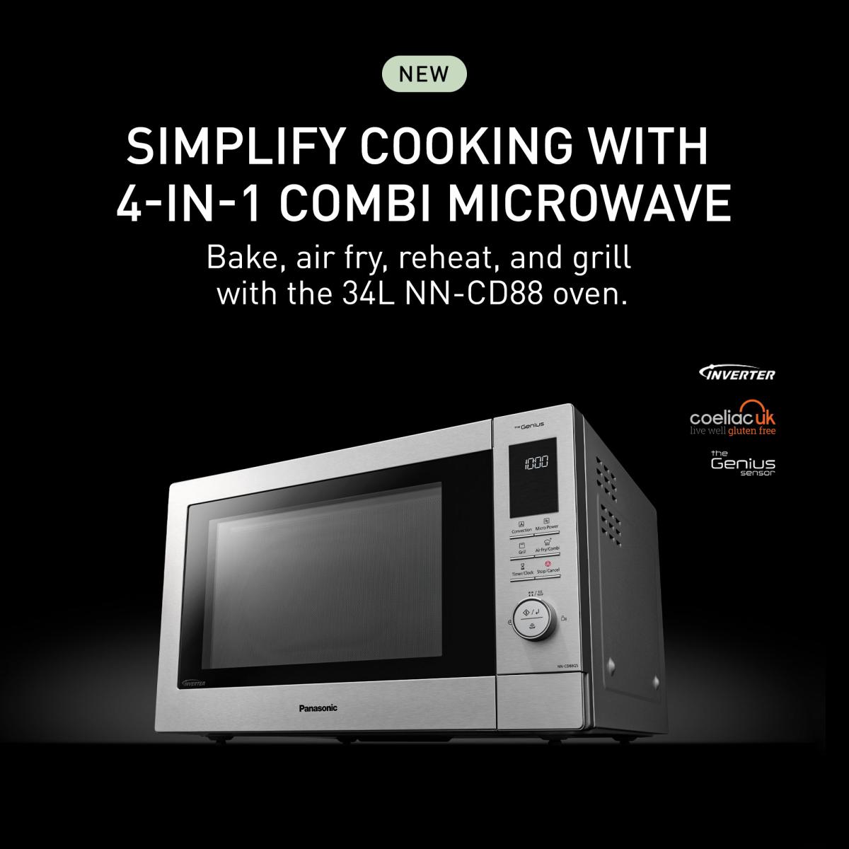 Panasonic NN-CD88 4-in-1 combi microwave with grill, air fry, bake, and reheat functions – 34L Inverter oven with Genius Sensor.