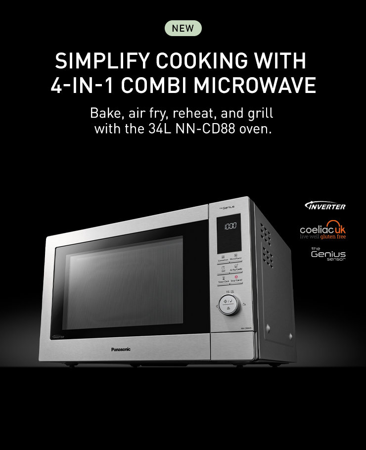 Panasonic NN-CD88 4-in-1 combi microwave with grill, air fry, bake, and reheat functions – 34L Inverter oven with Genius Sensor.
