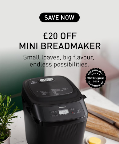 Panasonic Mini Breadmaker with £20 off – bake small loaves with big flavour. Featuring a sleek black design and advanced touch controls.