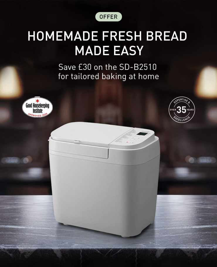 Panasonic SD-B2510 Breadmaker with sleek horizontal design and digital display, ideal for baking fresh homemade bread with 21 auto programmes